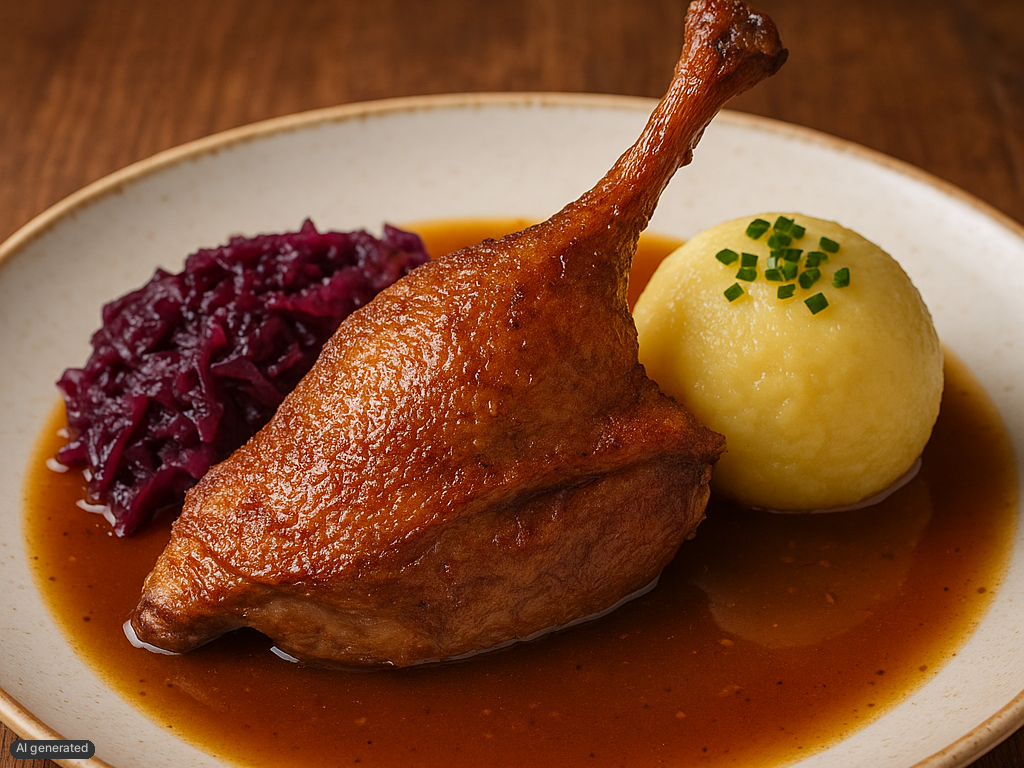 Bayrische Ente mit Knödel, Blaukraut und Jus